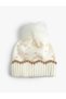 Pompom Knitted Beanie, Detailed with Beaded Retired Knots