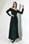 Emerald Green Thin Straps Long Sleeve Slit Detail Maxi Length Imported Crepe Fabric Dress - 3