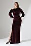 Plum One Shoulder Open Detail Velvet Fabric Maxi Length Long Sleeve Dress