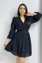 Women's Pleated Balloon Sleeve Double-Breasted Neck Chiffon Dress Red, Black - 2