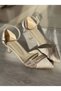 Beige Satin Closed Toe Low Heeled Evening Shoes with Stones - 2