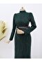 Patterned Glitter Evening Dress with Belt Detail