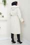 Hooded Drawstring Waist Cashmere Coat Ecru Hm2604 - 5