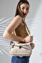 Cream Suede Soft Textured Zipper Detailed Cross Strap Shoulder and Hand Bag Stylish Modern Design