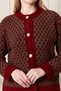 Women's Burgundy Khaki Crew Neck Gold Button Detailed Patterned Knitwear Cardigan