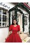 Watermelon Sleeve Red Crepe Midi Length Flared Dress - 3