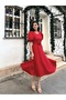 Watermelon Sleeve Red Crepe Midi Length Flared Dress - 4