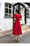 Watermelon Sleeve Red Crepe Midi Length Flared Dress - 6
