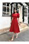 Watermelon Sleeve Red Crepe Midi Length Flared Dress - 2