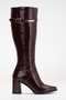 Women's Genuine Leather Stylish Heeled Boots with Gold Buckle Detail - Burgundy Patent Leather - 4