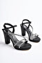 Women's Black Leather Platform 3 Stone Heeled Shoes