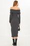 Women's Anthracite Off-Shoulder Front Zip Slit Midi Length Knitwear Dress Arm-25K 001089 - 6