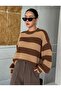 Brown Striped Crew Neck Oversize Women's Knitwear Sweater - 4