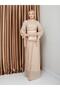 Sleeveless Bow Detailed Sequin Hijab Evening Dress Beige 1222