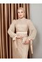 Sleeveless Bow Detailed Sequin Hijab Evening Dress Beige 1222 - 3