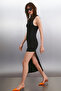 Ophelia Women's Corded Fabric Stretchy Fabric High Collar Deep Slit Maxi Black Dress - 5