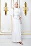 Front Motif Patterned Crepe Hijab Evening Dress with Stone and Sequin Detail White 1672 - 4