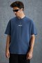 Project Men's Print Detailed Oversize Fit 100% Organic Cotton Knitted Crew Neck Knitted Indigo T-Shirt - 3