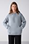 Adel Women's Organic Cotton Fleece Inside Soft Relaxed Kangaroo Pocket Hooded Blue Sweatshirt - 2