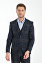 Slim Fit Navy Plaid Check Plain Mono Neck Double Slit Lined Suit Dress - 5