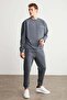 Rakrok Men's Fleece Lined Comfort Beige Oversize Embroidered Dark Gray Sweatshirt - 2