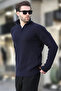 Navy Blue Zipper Collar Knitwear Men's Sweater E7295