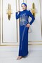 Front Motif Patterned Crepe Hijab Evening Dress with Stones and Sequins Cobalt Blue 1672