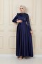 Satin Evening Dress with Flywheel and Sequin Detail, NAVY BLUE 1626 - 2
