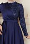 Satin Evening Dress with Flywheel and Sequin Detail, NAVY BLUE 1626 - 6