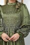 Flared Satin Hijab Evening Dress with Stone and Sequin Embellishments on Front and Sleeves Light Green 1675 - 6
