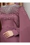 Satin Hijab Evening Dress with Stone and Cape Detail, Dried Rose 1228 - 6