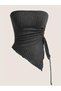 Anthracite Strapless Asymmetrical Lycra Side Drawstring Blouse, Stretchy Fabric Asymmetrical Drawstring Strapless Top Blouse