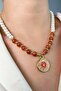 Gemstone Medallion Pendant with Pearl and Bead Necklace - Orange - 2