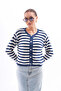 Baby Collar Navy Blue Striped Women's Knitwear Cardigan