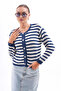 Baby Collar Navy Blue Striped Women's Knitwear Cardigan - 2