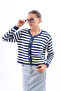 Baby Collar Navy Blue Striped Women's Knitwear Cardigan - 4