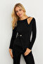 Women's Black Button Detailed Double Breasted Blouse Ey3015 - 4
