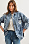 Women's Blue Pocketed Daisy Embroidered Oversized Denim Jacket CKT-19000415