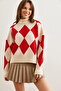 Women's Red Turtleneck Diamond Pattern Oversize Knitwear Sweater Kzk- 19000941 - 3