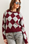 Women's Burgundy Diamond Patterned Raised Knitwear Sweater Kzk- 19000933