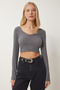 Women's Dark Gray V Neck Crop Blouse Ub00171