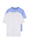 Ekru-Mavi 2'li Paket %100 Pamuk Basic Dik Yaka Örme T-Shirt TWOSS20TS1500 - 7