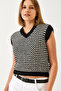 Women's Black Ecru Striped Knitwear Sweater 20247546 - 3