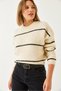 Women's Ecru Black Crew Neck Striped Knitwear Sweater 20247533 - 8