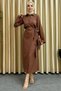 Women's Hijab Clothing Set - Side Tie Detail, Melage Fabric, Brown Skirt and Shirt