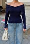 Navy Blue Adria Degaje Collar Off-The-Shoulder Women's Knitwear Sweater - 4