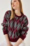 Women's Burgundy Diamond Patterned Shawl Knitwear Sweater 60351320 - 5