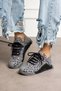 Women's Gray Leopard Printed Lace-Up Sneakers, With Stone Detail and Orthopedic Bruno