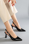 Women's Black Patent Leather Pointed Heeled Shoes - 5
