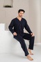 Navy Blue Buttoned Long Sleeve Men's Pajama Set Navy Blue Gray U-3090